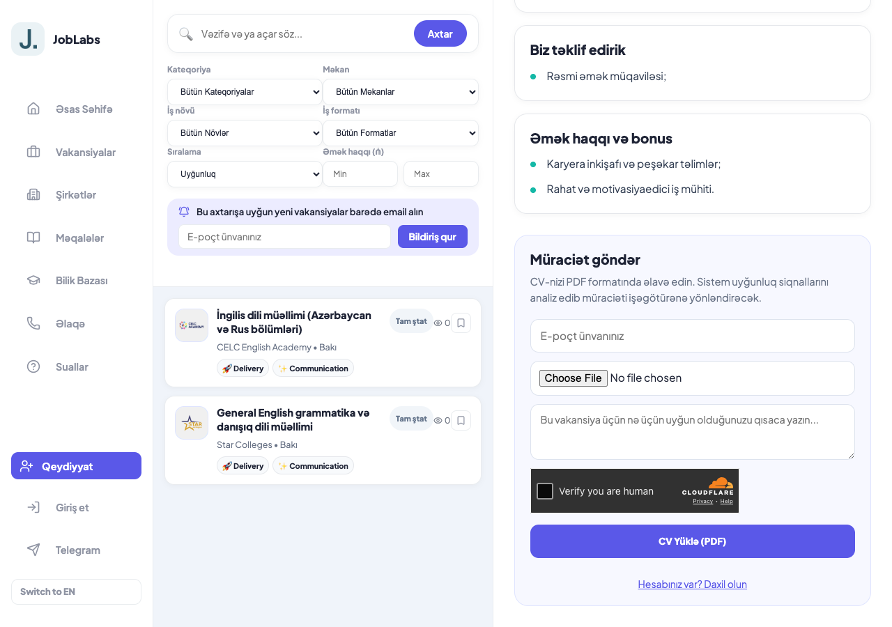 Müraciət forması — email, CV yükləmə sahəsi