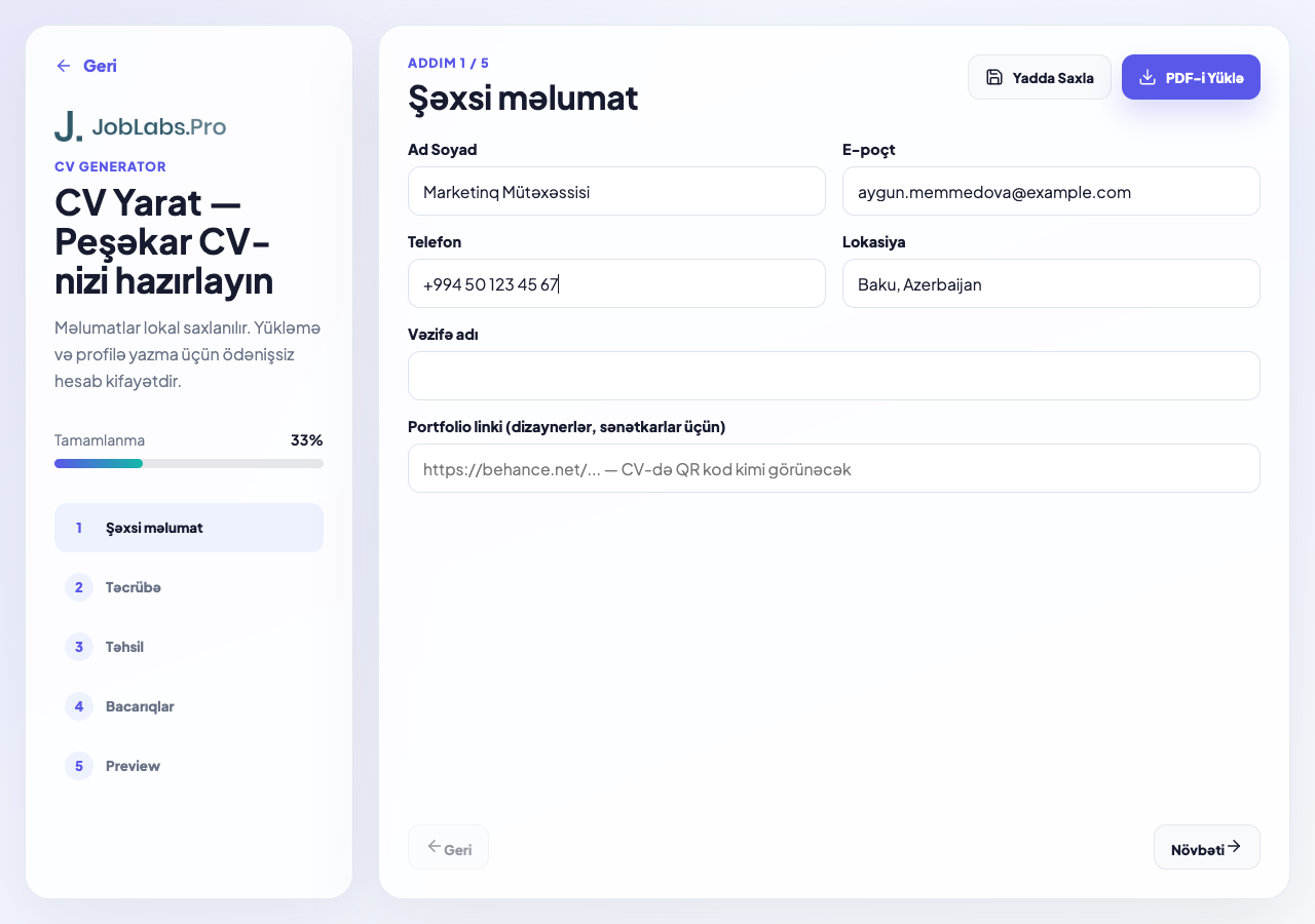 CV Generator giriş ekranı — sol tərəfdə addım siyahısı, sağda forma