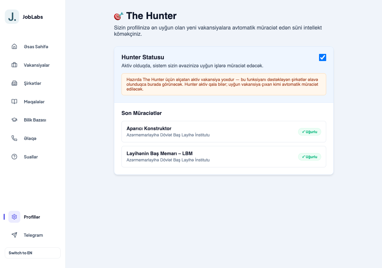 Profil səhifəsində "Hunter Statusu" bölməsi